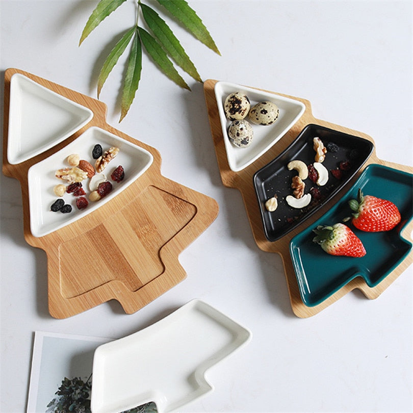 Christmas tree plates dishes ceramic bamboo  tray